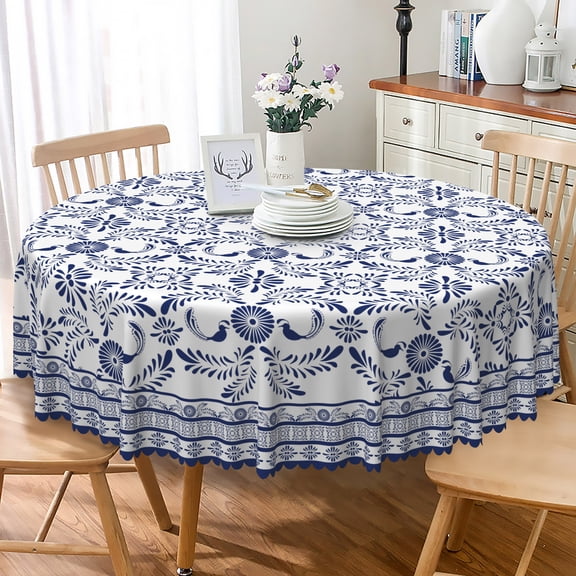 Lfeey Round Tablecloth, Polyester, Wipeable Oil-Resistant, Floral, 60 inches
