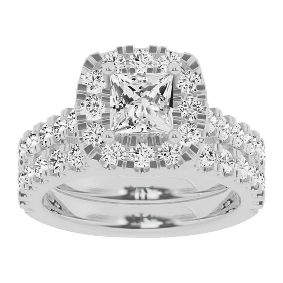 Unique Moments 3 Ctw Lab Grown Princess Halo Diamond Engagement Matching Wedding Ring Set 10K White Gold