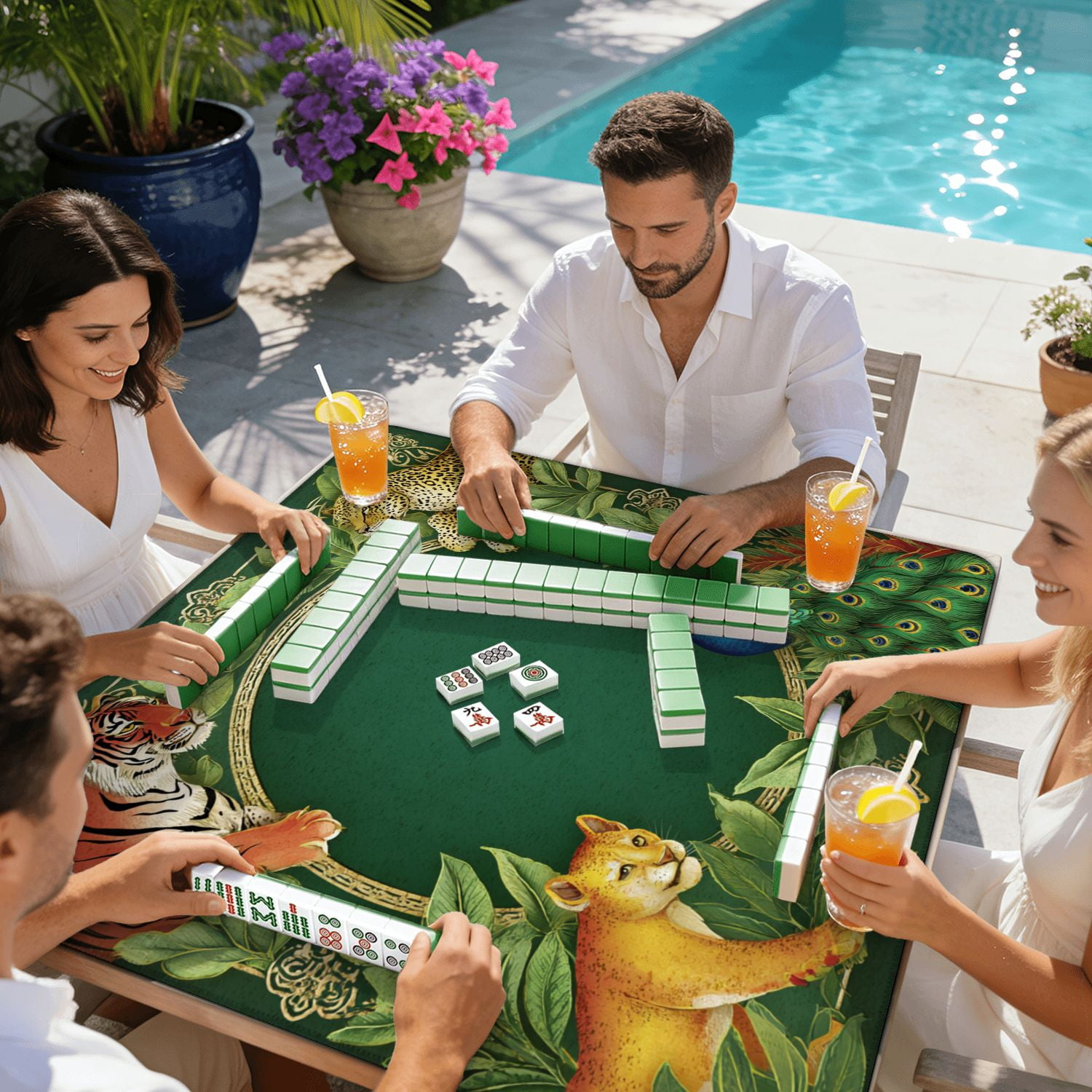 Mahjong Mat 31.5" x 31.5" Wildlife Jungle Scene Tiger Leopard Lion Peacock Greenery Non-Slip Noise Reduction American Mahjong Tiles Table Cover for Dominoes Poker Card Board Games Gift