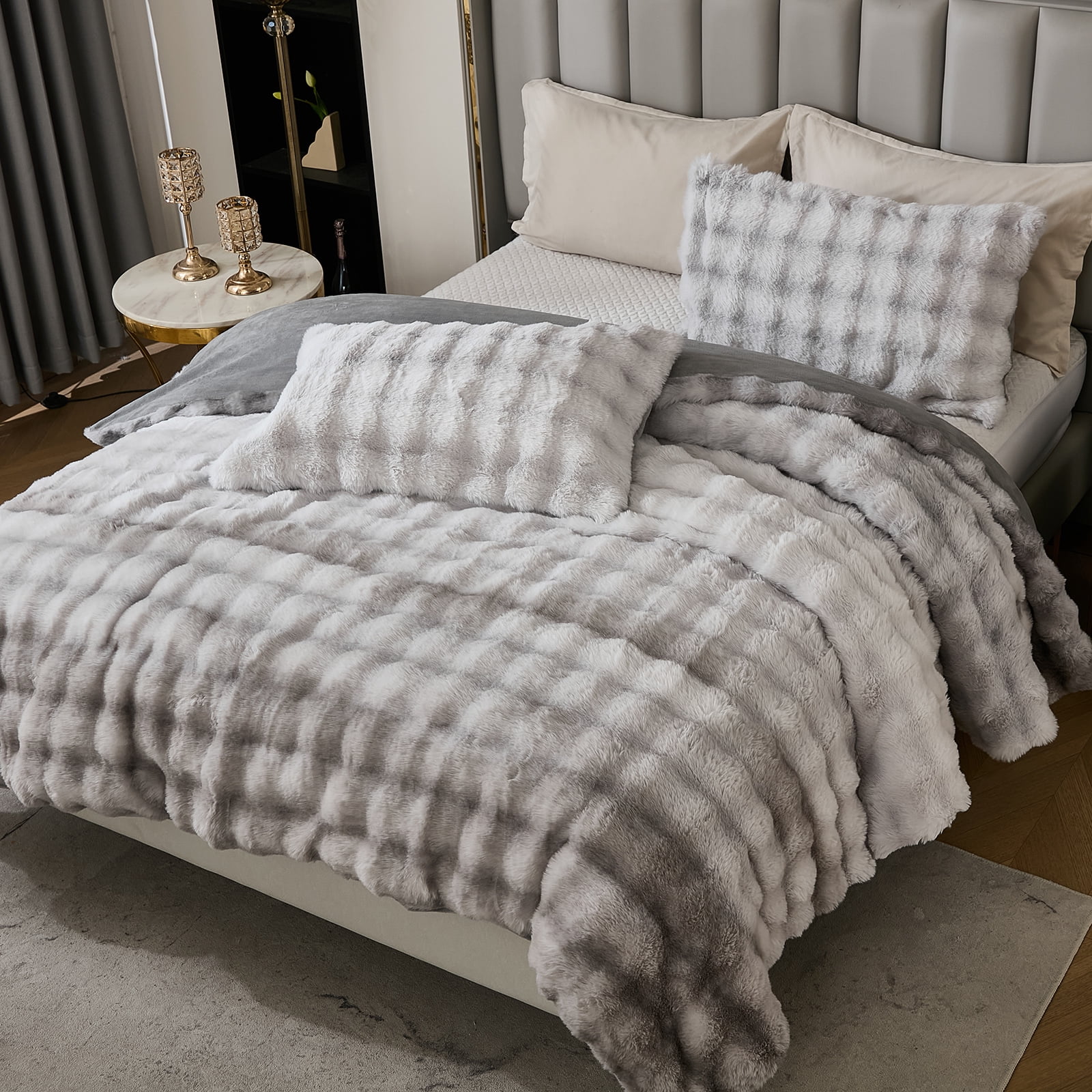 Plush Rabbit Faux Fur Comforter Set Queen/King Size Tie Dyed Fluffy Comforter Bed Set Luxury 3 Pieces Warm Shaggy Winter Comforter Queen Size Soft Bubble Bedding Comforter Set