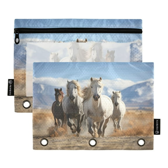 2 Pack Pencil Pouch for 3 Ring Binder Zipper Pencil Case Horses on Field Clear Window Pencil Bag Organizers