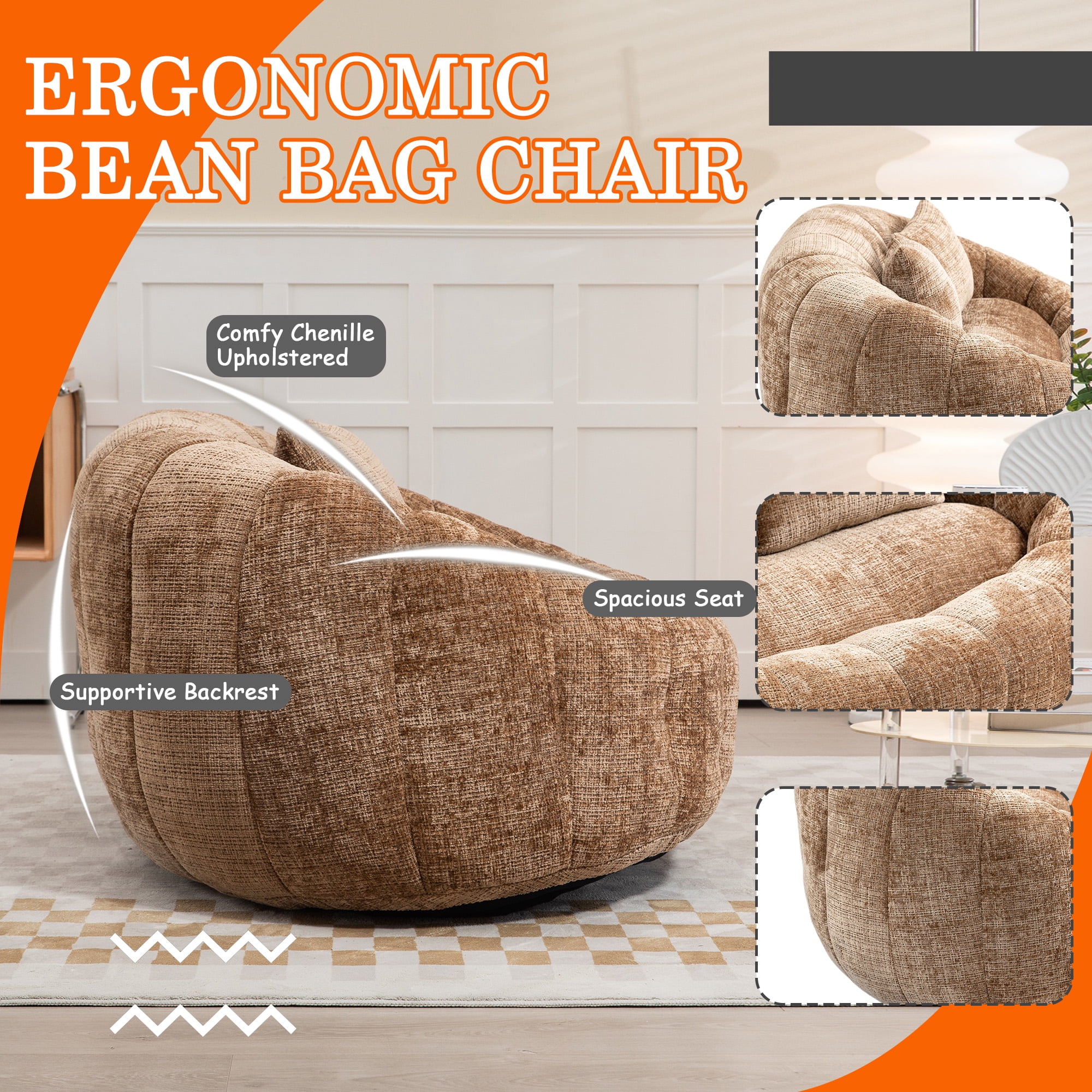 59''W Chenille Loveseat Sofa Small Couch Oversized Bean Bag Chair, Modern Lounge Loveseat Sofa with 2 Pillows,Bean Bag Couch Floor Lazy Sofa for Living Room Bedroom Apartment (Brown)