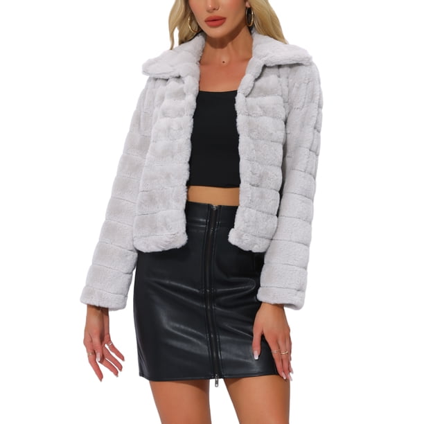 Chaqueta corta de pelaje sintético con cuello de solapa y abertura frontal para mujer Inspire Chic, color gris claro, talla S