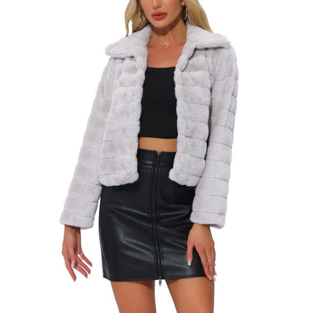 Chaqueta corta de pelaje sintético con cuello de solapa y abertura frontal para mujer Inspire Chic, color gris claro, talla S