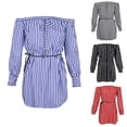 thumbnail image 4 of a rayas sin tirantes sin tirantes con hombros descubiertos para mujer informal con cinturo con cordones Rojo S Salvador Vestido a rayas con hombros descubiertos, 4 of 10