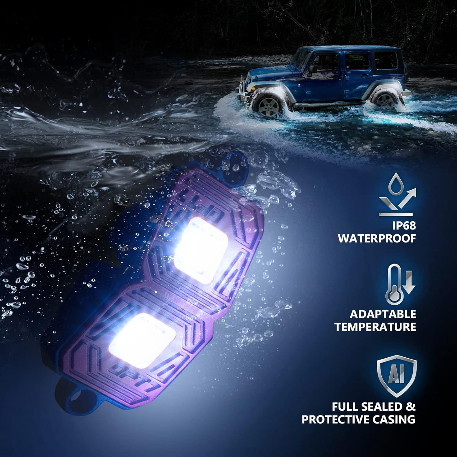 OPT7 Photon Pure White LED Magnet Rock Lights, 8 Pods Wide Angle Neon Underglow Lighting Kit with Extension Wire, IP68 Waterproof for Offroad Truck Jeep RZR ATV UTV SUV