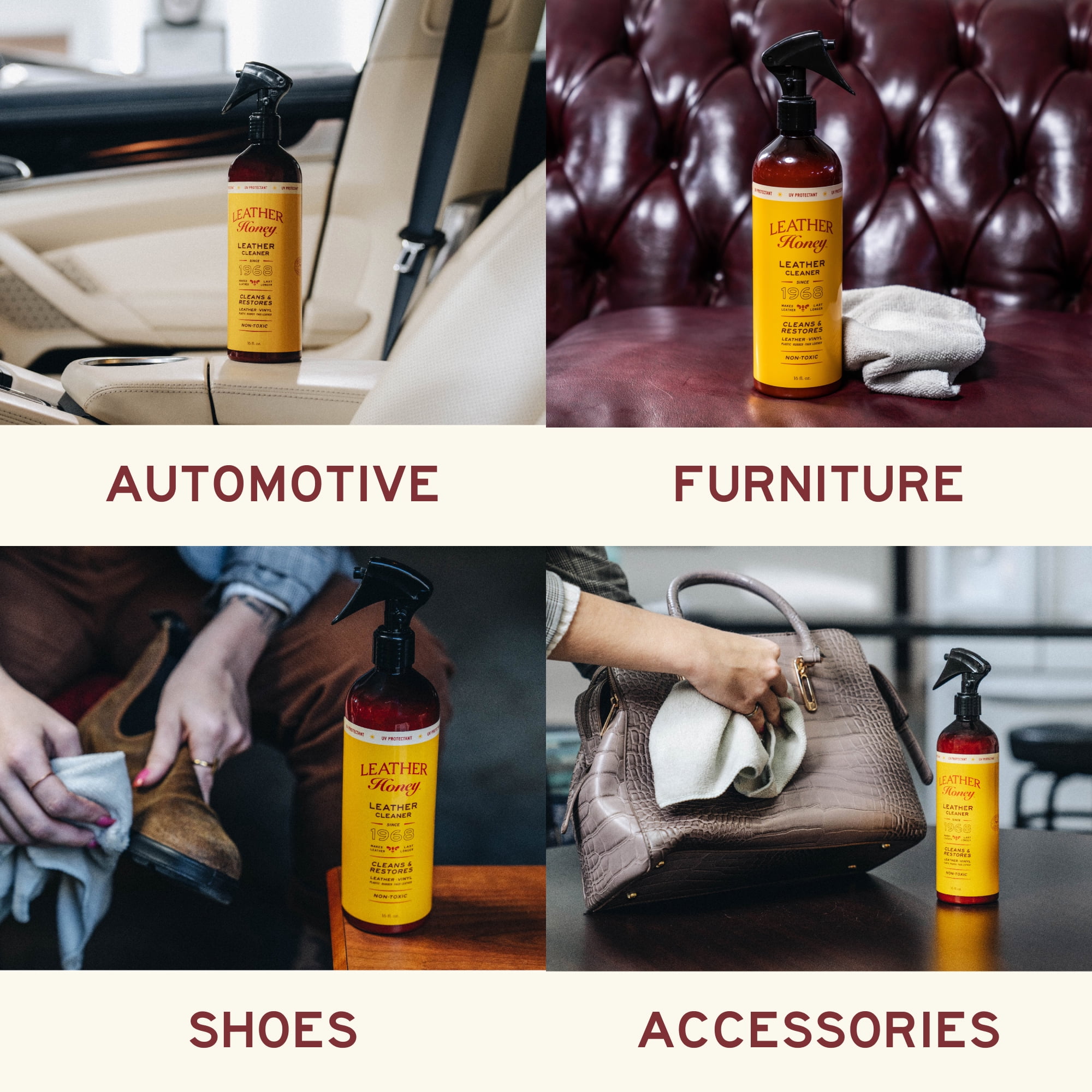 Leather Honey Non-Toxic Leather Cleaner Spray with UV Protectant for Use on Couches, Car Seats, Purses, Shoes, Bags & Tack, 16oz