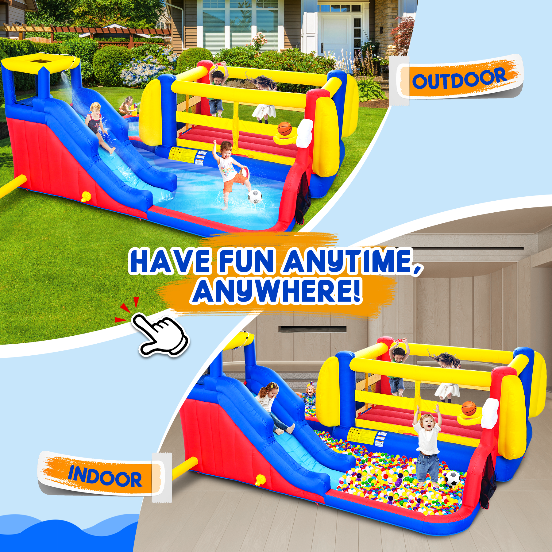 Ambifirner 16ft 7-in-1 Inflatable Slide Water Park with Deep Pool, Basketball, Football Gate, Cannon, Climb Wall & Bounce House for Backyard Use