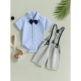 thumbnail image 2 of Bagilaanoe 2Pcs Newborn Baby Boys Overalls Shorts Set Short Sleeve Romper Shirt with Bow Tie + Suspender Short Pants 6M 12M 18M Infant Gentleman Formal Outfits, 2 of 9
