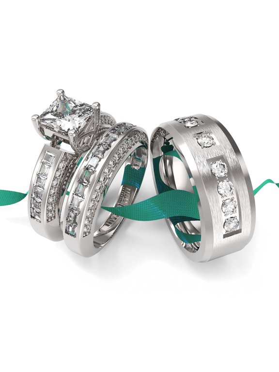 Couple rings Wedding Ring Set Women Square cut Moissanite Engagement Ring in Sterling Silver Man Titanium Bands