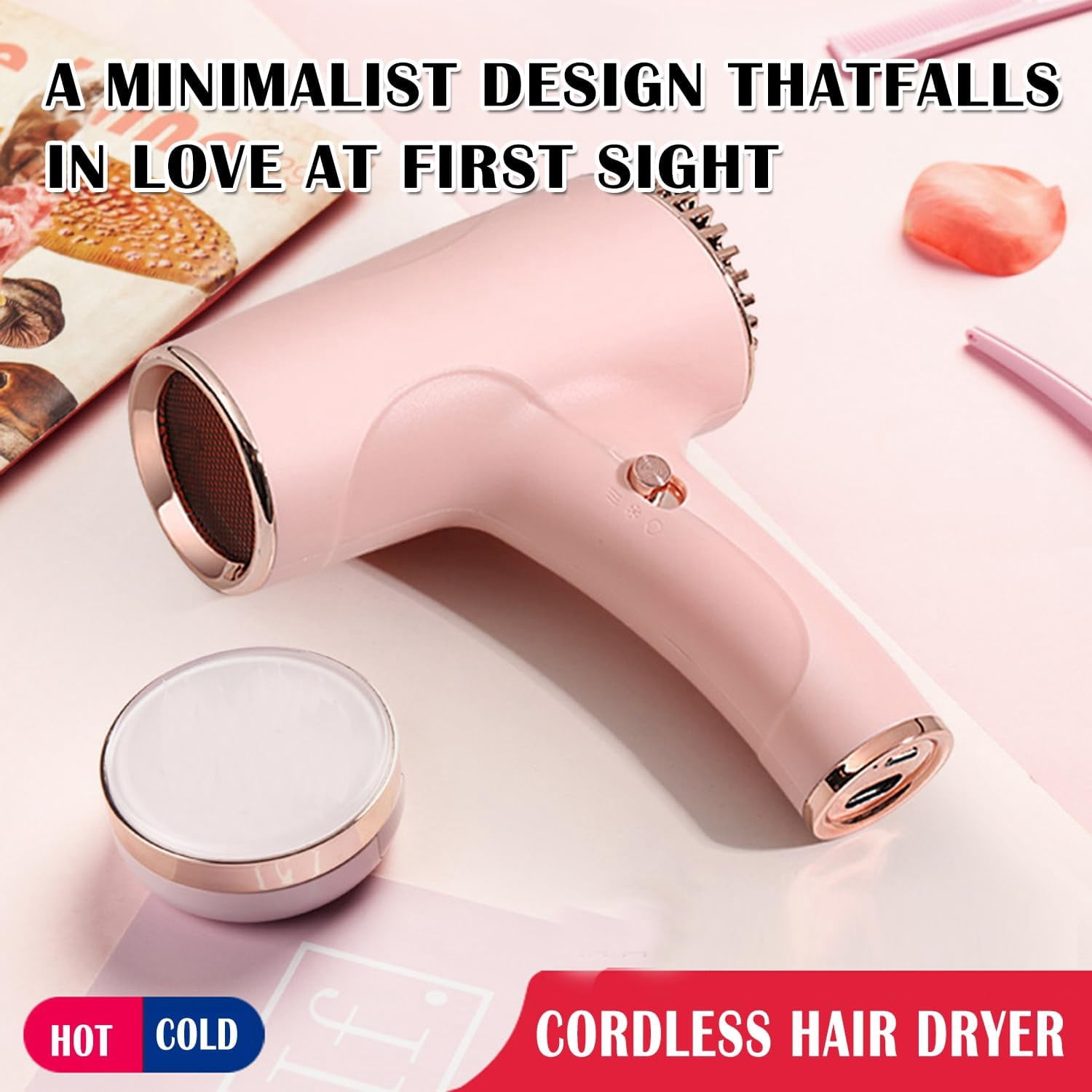 USB Cordless Hair Dryer, Lightweight Mini Blows Dryer, Built-in Battery Cordless Hair Dryers Hot/Cold Air, Portable Travel Blow Dryer for Art Painting,White