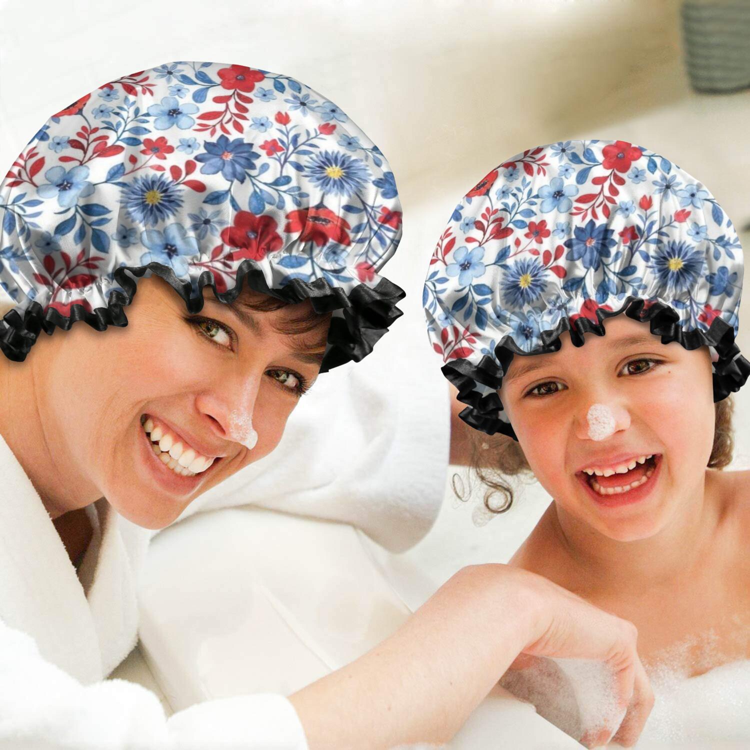 Shower Caps,Pioneer Flower Floral Print Pattern Waterproof Shower Cap for Women 4 Pieces,Double Reusable Hair Cover for Shower PEVA Elastic Stretch Hem