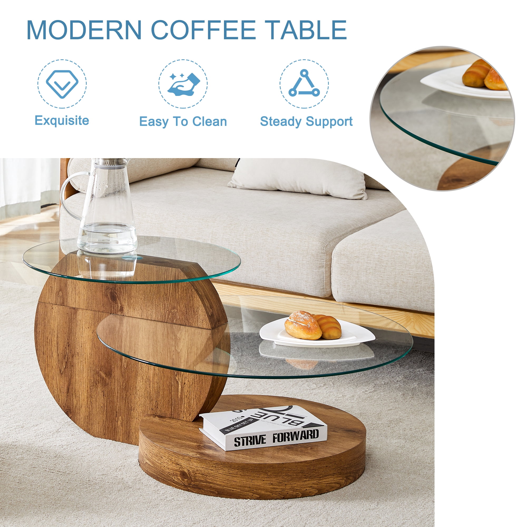 JUFU 35.4" Glass Coffee Table, Modern Round Coffee Table with MDF Base, 2-Tier Tempered Glass Top, Easy to Assemble, Ideal for Living Room, Small Space, Home Office