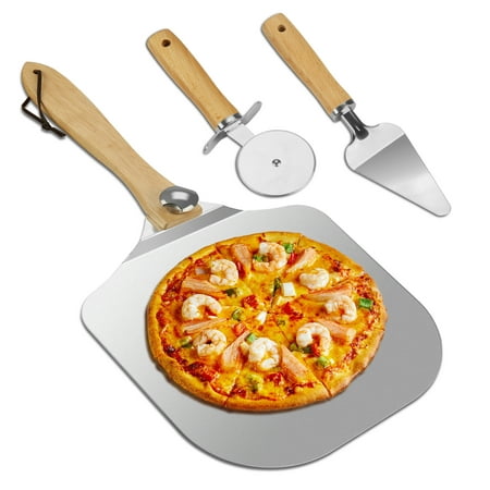 

12 x14 Aluminum Pizza Peel Set Metal Pizza Spatula with Foldable Wood Handle Easy Storage Pizza Paddle w/ Stainless Pizza Cutter Wheel and Pizza Shovel for Baking Homemade Pizza Bread