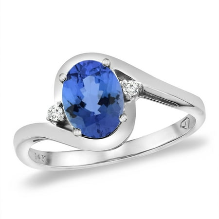 - 14K White Gold Diamond Natural Tanzanite Bypass Engagement Ring Oval 8x6 mm, size 5