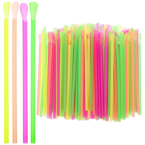 HYG Snow Cone Spoon Straws 200 Pcs Disposable Drinking Straws Plastic Straws Flexible Straws for Milkshakes Smoothies, Shaved ice, 8 inch Colorful