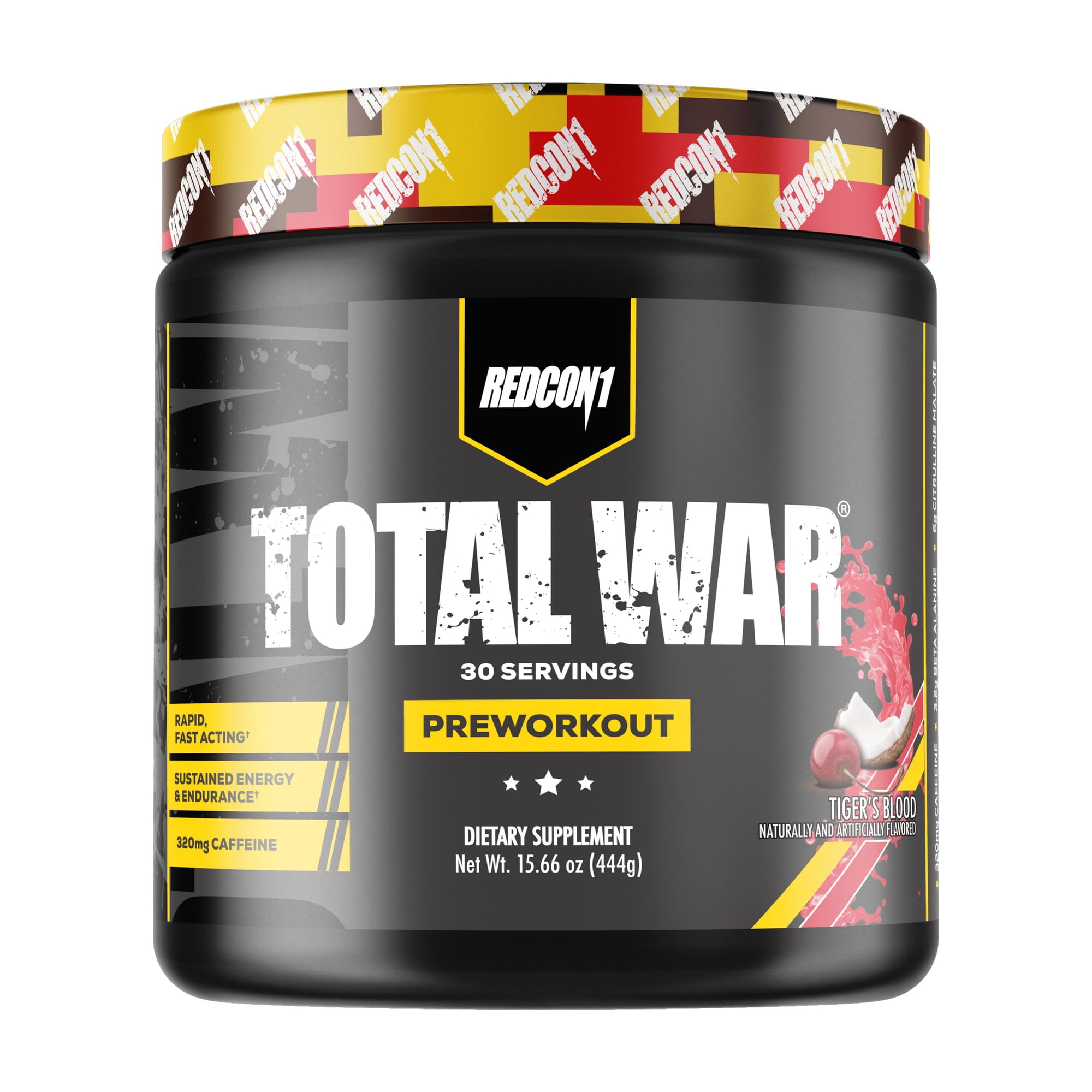 REDCON1 Total War Pre Workout, Tiger's Blood - L Citrulline, Malic Acid, Green Tea Leaf Extract for Pump Boosting Pre Workout for Women & Men - 3.2g Beta Alanine to Reduce Exhaustion (30 Servings)
