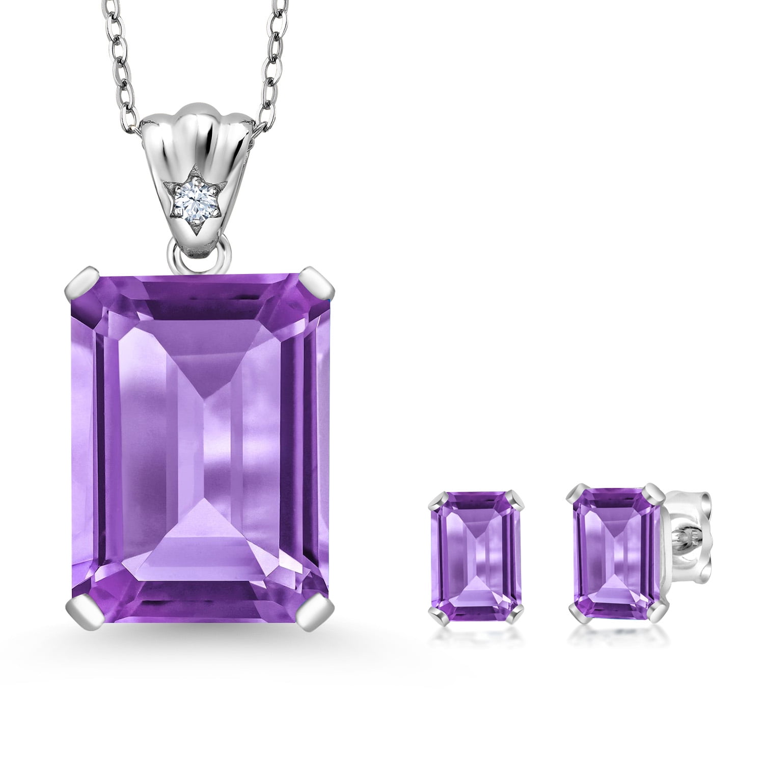 Gem Stone King 925 Sterling Silver Purple Amethyst Pendant and Earrings Jewelry Set for Women (16.09 Cttw, Gemstone February Birthstone, Emerald Cut 18X13MM and 6X4MM, with 18 inch Chain)