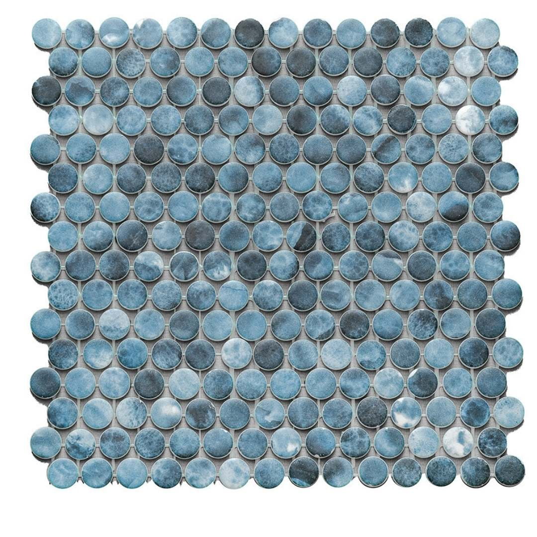 The Tile Life Eterna Penny 1" x 1" Onice Blue Glass Round Mosaic Floor and Wall Tile 1 Sheet