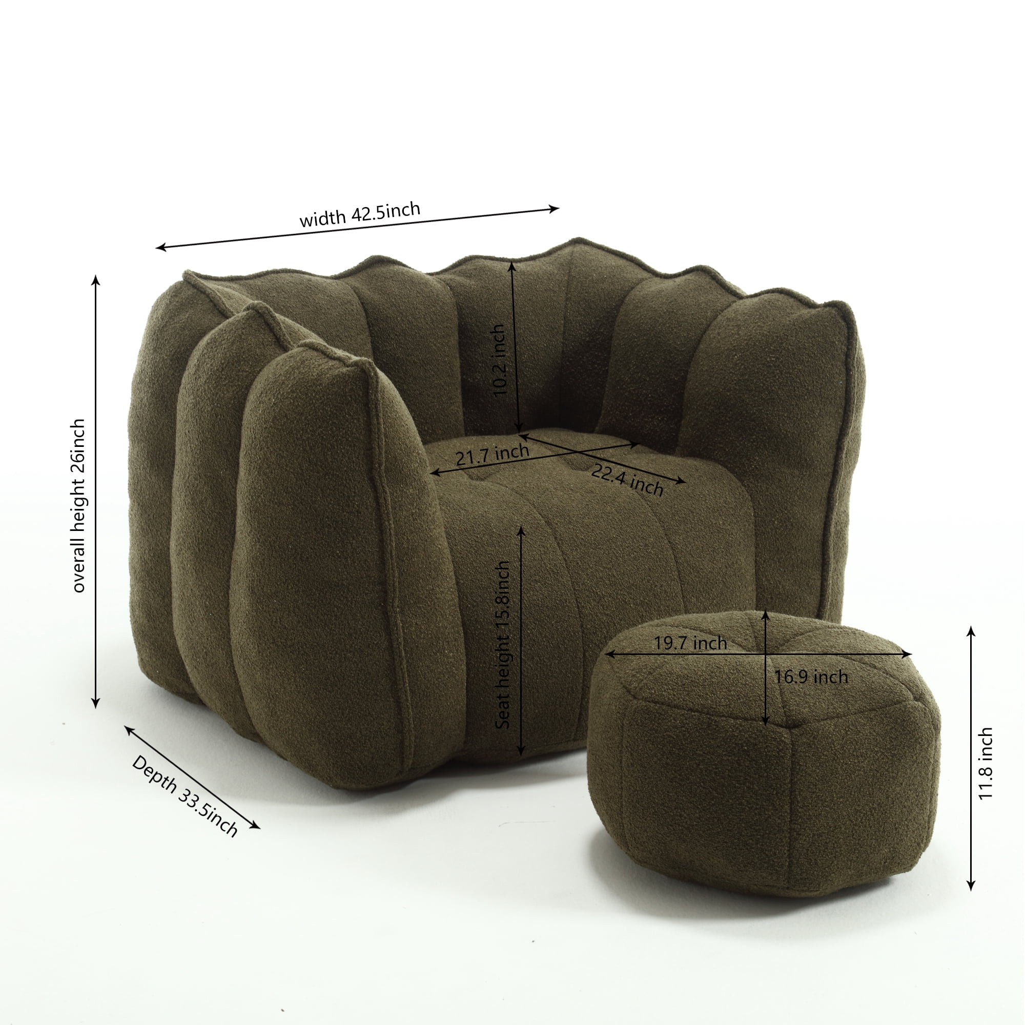 Bean Bag Chair with Footstool, Soft Lightweight Filled Bean Bag Sofa Chair with High Resilient Foam, Chenille Adult Bean Bag Chair with Armrests for Adults to Game, Read, Watch TV, Olive Green