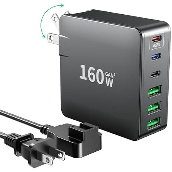 wonima02 USB C Charger, 160W Fast GaN Compact Foldable Rapid Plug 6 Multiple Port PD Charging Station Laptop Power Adapter for MacBook Pro/Air and iPad Pro iPhone15/14/13. Galaxy Note20 S22 Pixel