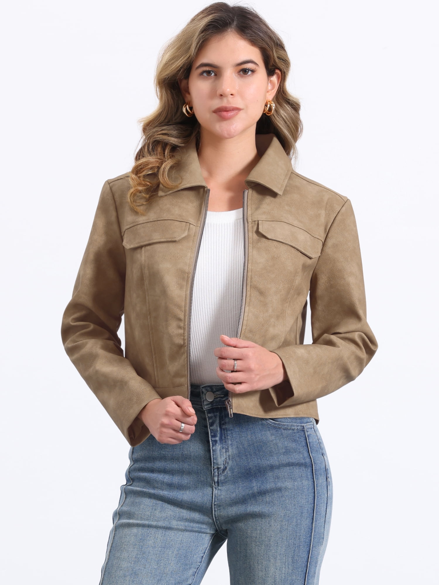 DARING DIVA Women's Faux Leather Jackets Zip Up Vintage Distressed Moto Biker Jacket M Tan