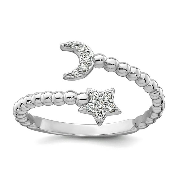 20.5mm Ss Rhodium Plated Polished and Beaded Adjustable Cubic Zirconia Celestial Moon And Star Ring Size 6 Ring for Wome