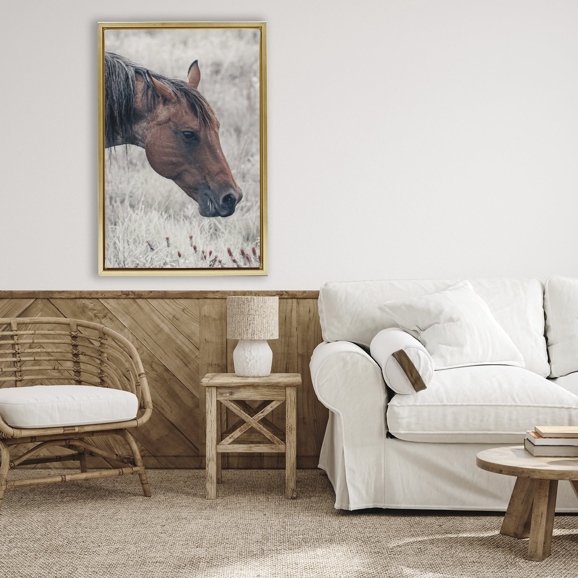 Stupell Industries Mother Horse Grazing in Meadow Gold Framed Floater Canvas Wall Art, design by Nathan Larson