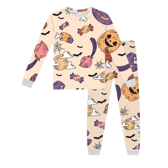 JIAYUE Girls Two Piece Sleepwear Set Soft Stretchy Long Sleeve Crew Neck Halloween Print Tops Jogger Pants Loose Fit Sleepwear Lightweight For Home Party Holiday Daily Loungewear,6-7 Years