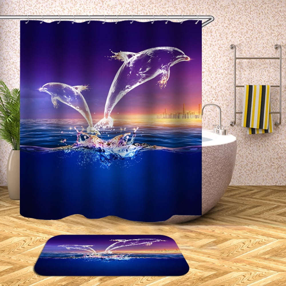 Underwater World Dolphins Plants Bathroom Shower Curtain Set Waterproof Fabric 