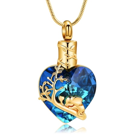 Elephant Crystal Heart Cremation Urn Necklace for Human Pet Ashes Stainless Keepsake Memorial Locket Holder Jewelry Gift for Women Men
