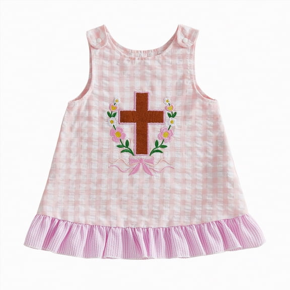 Sgkm Dresses for Girls Crew Neck Embroidery Ruffle Plaid Dresses Sleeveless Toddler 18 Months Girl Clothes