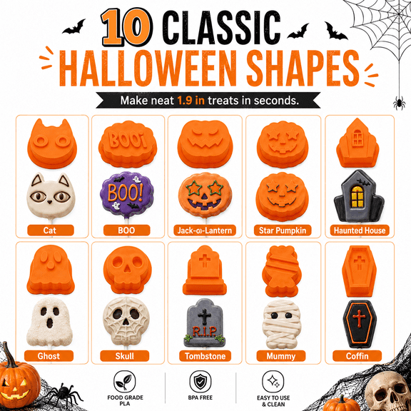 Halloween Cookie Cutter Set, 10 PCS PLA Cookie Stamp Molds with 3D Embosser, Pumpkin Ghost Skull Coffin Cat Shapes, Baking Cutters for Cookies, Fondant, Pastries, Halloween Party Treats