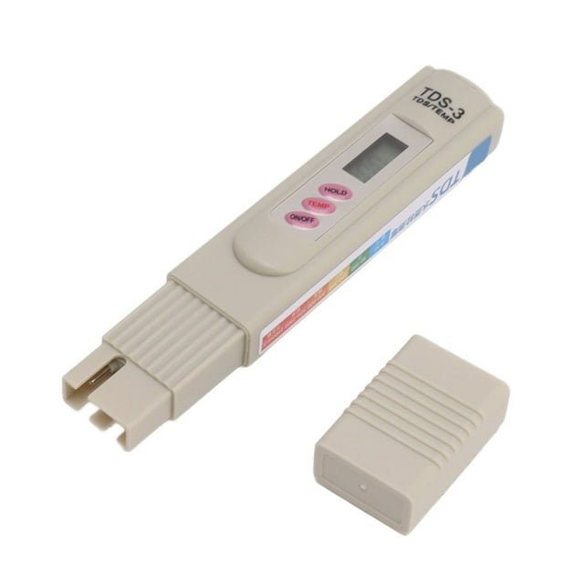 pluma de prueba tds, pantalla digital precisa del medidor de prueba de agua para acuario Medidor TDS tipo pluma blanco con pantalla LCD y tres botones rosas (HOLD, TEMP, ON/OFF); sonda y tapa desmontadas visibles, escala de colores lateral, carcasa ABS con aleación de Ti y baterías LR44 incluidas; para medir el valor TDS en agua de peceras, también suele usarse para comprobaciones rápidas de conductividad en mantenimientos de viaje.