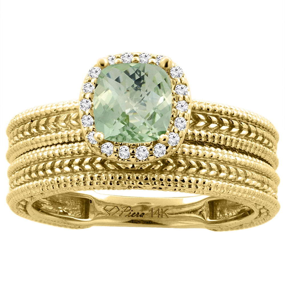 14K Yellow Gold Diamond Natural Green Amethyst 2-pc Engagement Ring Set Cushion 7x7 mm, size 6 by Gabriella Gold