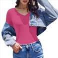 thumbnail image 3 of Camiseta Básica Ajustada de Punto Acanalado con Cuello en V y Larga para Mujer Rosa Roja S, 3 of 7