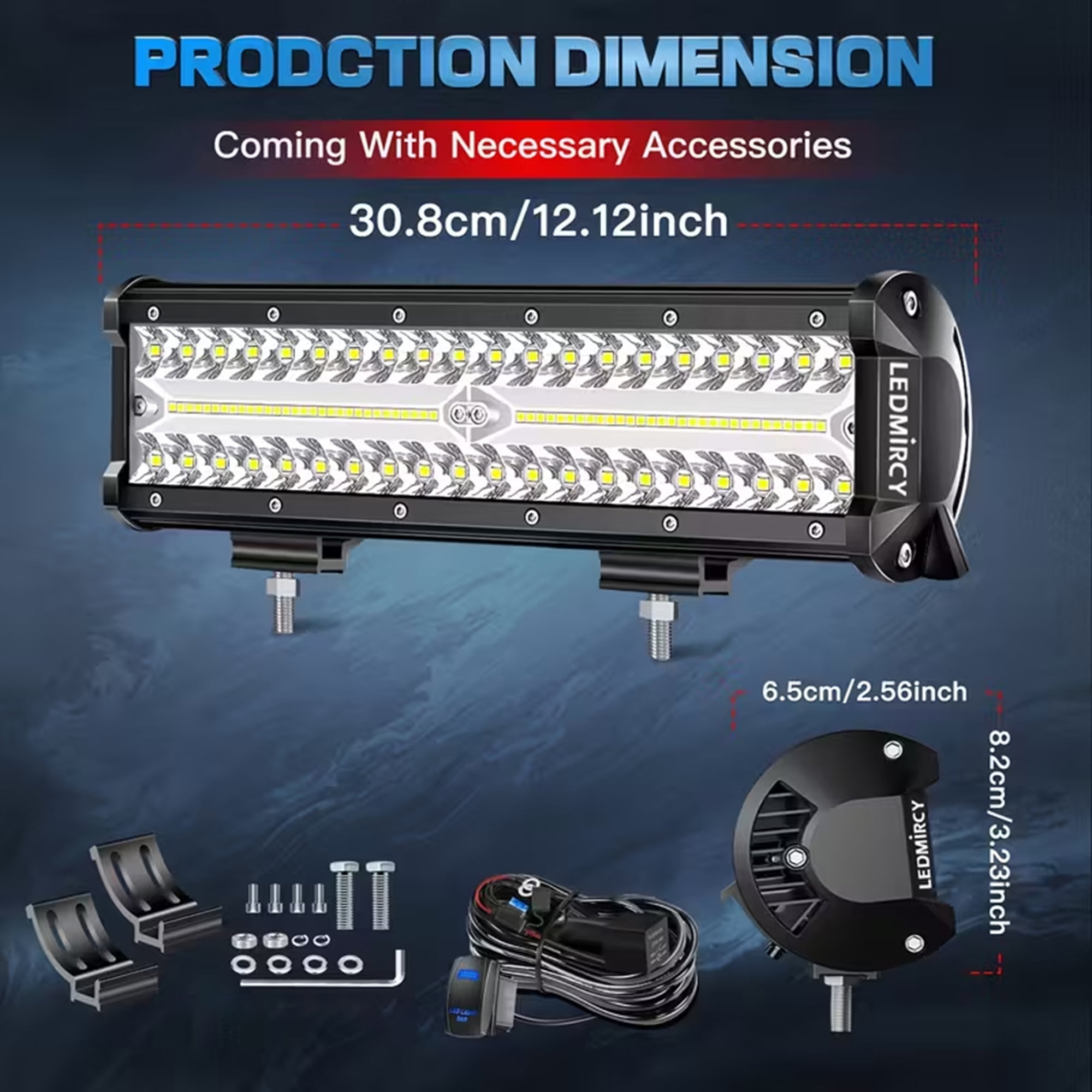 12 inch LED Light Bar Kit with 5 Pin Rocker Switch Wiring Harness Triple Row Flood Spot Combo Off Road Driving Fog Lights LED Bar Work Lights for Trucks UTV ATV Tractor Golf Cart Boat
