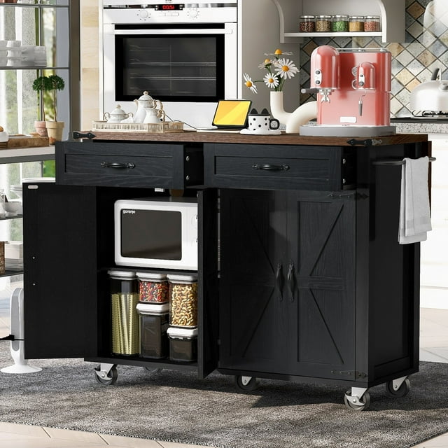 DTTRA Îlot de Cuisine Style Ferme de 53,5 Po avec Prise de Courant, Îlot de Rangement de Cuisine avec Rallonge Rabattable, Porte-Épices et Tiroir, Chariot de Cuisine Roulant sur Roues, pour la Maison, la Cuisine et la Salle à Manger, Noir
