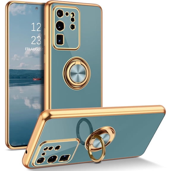 for Samsung Galaxy S20 Ultra Case with Ring Holder Kickstand 360 Degree Rotation Car Finger Soft Slim Cover Shockproof Full Body Phone Case for Samsung S20 Ultra 6.9", Gray Green