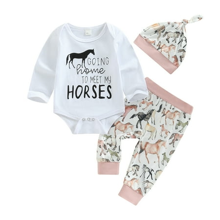 

Musuos Infant Girl Autumn Jumpsuit Set Long Sleeve Round Neck Letter Print Romper + Horse Pattern Pants + Hat