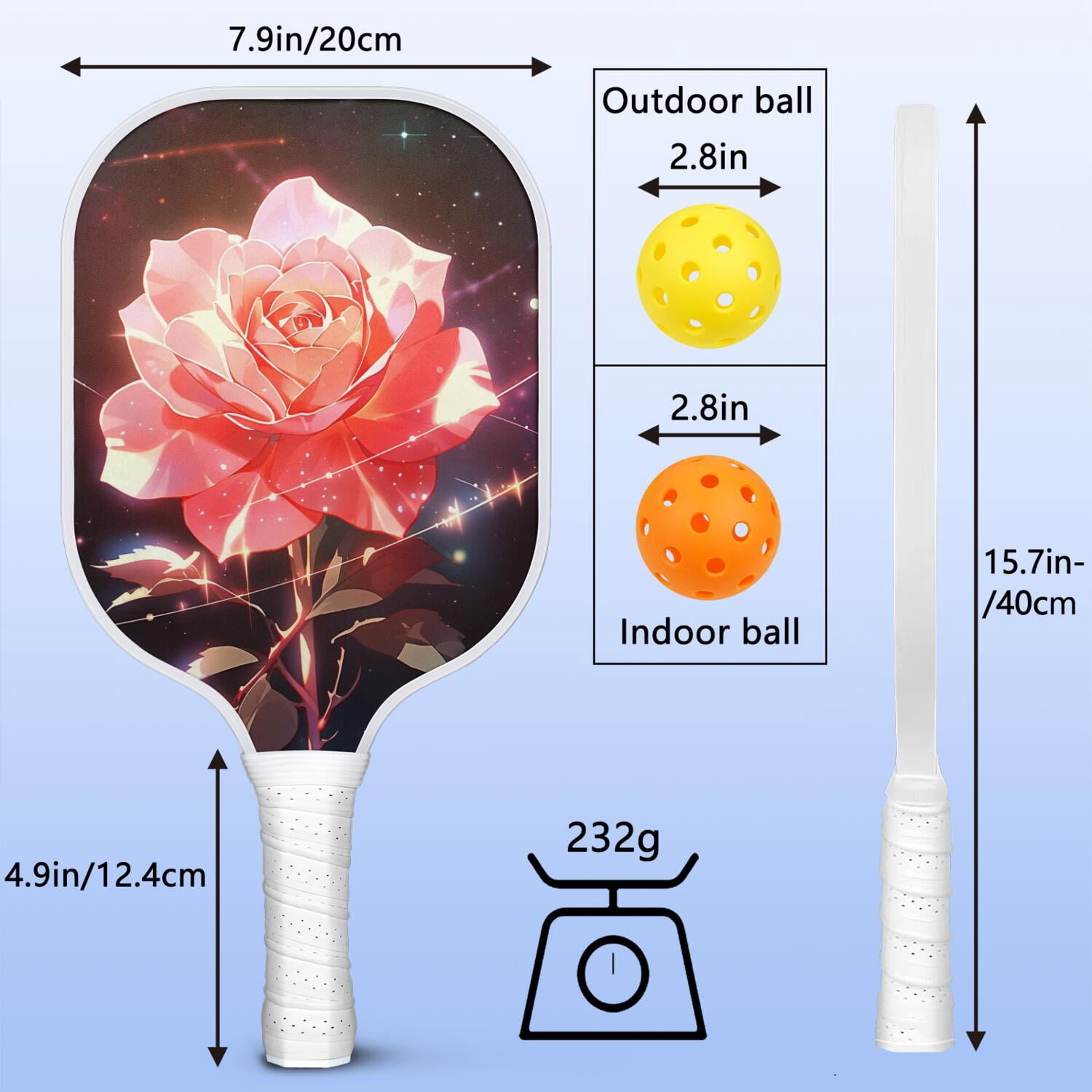 Pickleball Paddles Set Of 2, Fiberglass Surface, Rose, Floral Print, 4 Balls & Bag