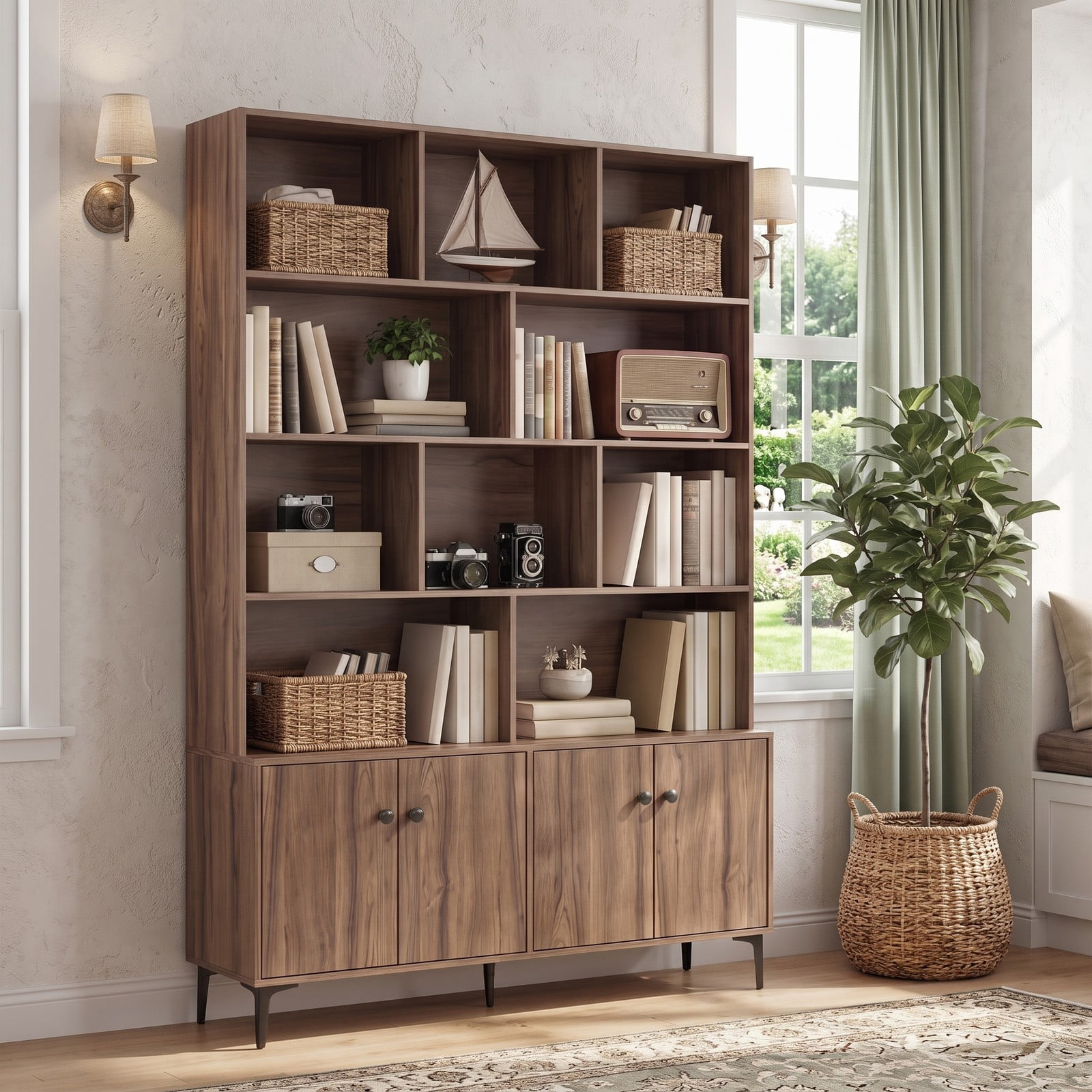 Furnibear 68.5" Tall Bookshelf with 4 Doors and Open Display Shelves, Freestanding Bookcase Storage Cabinet with Anti-Tipping Kits and Metal Legs for Home, Walnut