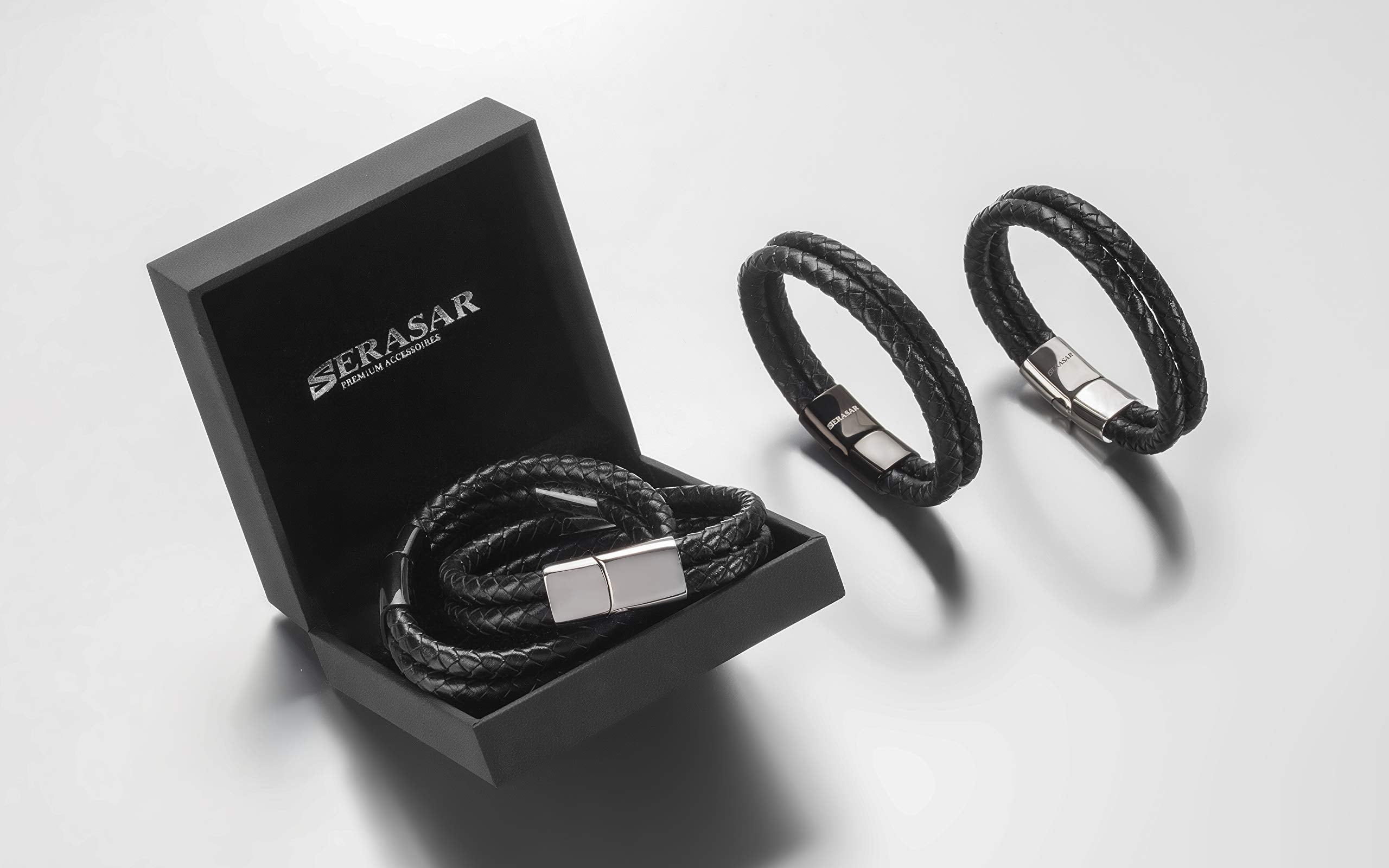 SERASAR Leather Bracelet for Men "Double" with stainless steel magnetic closure, Silver 23cm, including gift box