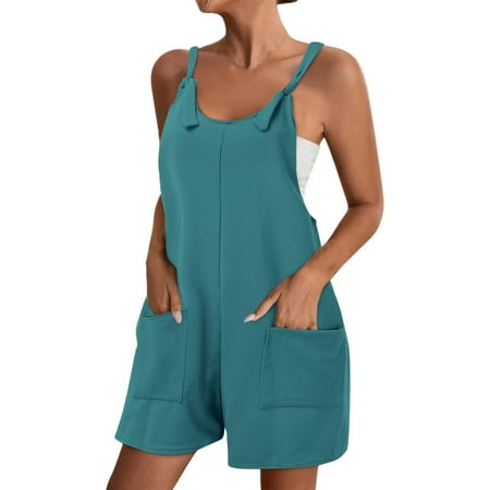 

Women s Tie Shoulder Overall Shorts Scoop Neck Romper Jumpsuit With Pocket dresses clearance