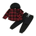 thumbnail image 1 of Boys Ripped Drawstring Pants Set with Long Sleeve Hooded Plaid Tops, 1 of 9