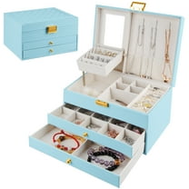 Zacenei Jewelry Boxes for Women Girls,Watch Jewelry Organizer Box with Mirror,PU Leather 3 Layers Jewelry Holder Storage Organizer for Earring, Ring, Necklace, Bracelets Gift Case,Sky Blue