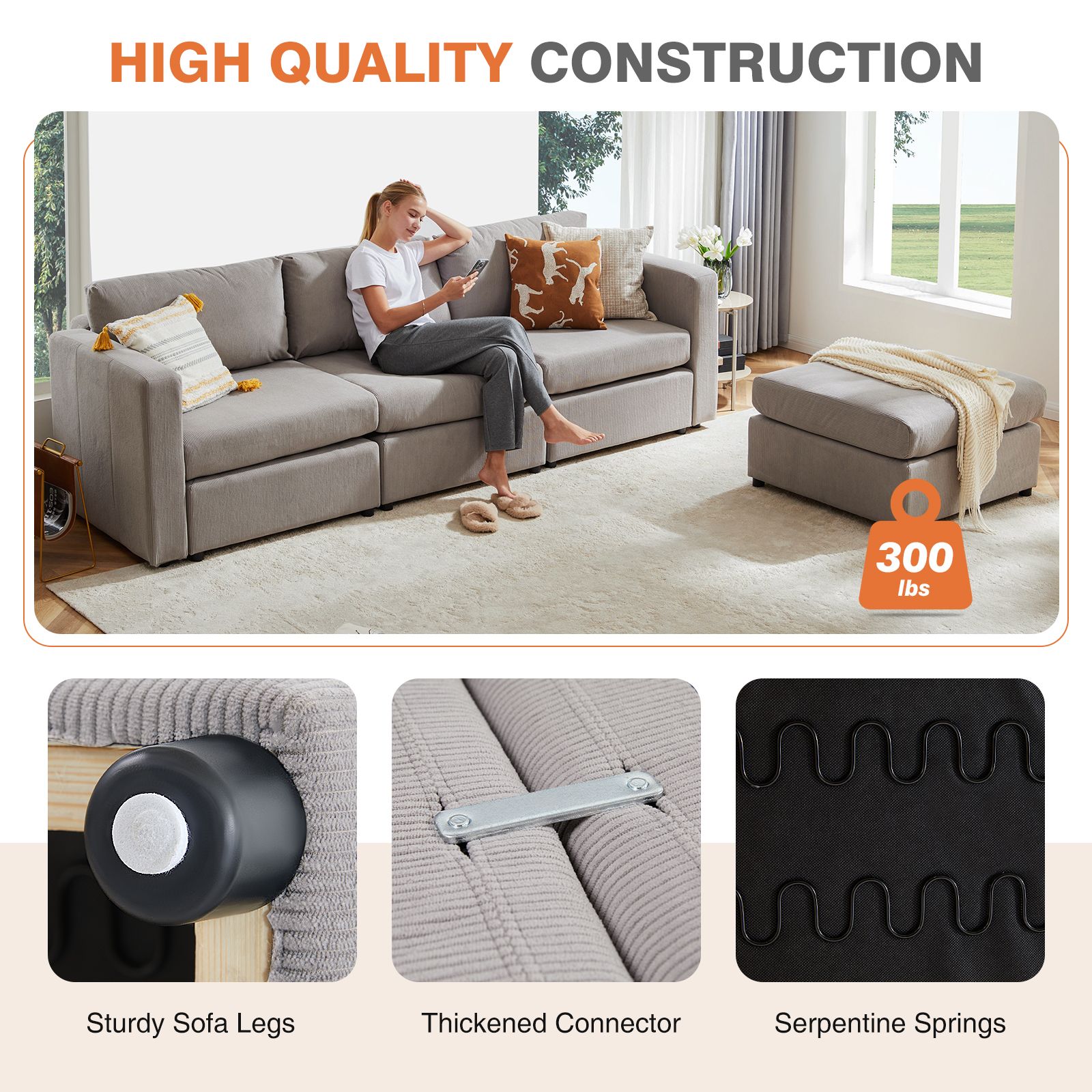 GIANNA Modern Sectional Sofa with 4 Seats 5 Backs, L-Shaped Sofa Set for Living Room, Grey