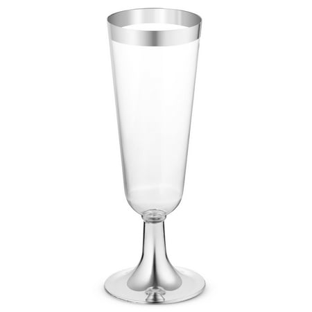 50 Plastic Silver Rimmed Champagne Flutes | 5.5 oz. Clear Hard Disposable Party & Wedding Cups | Premium Heavy Duty Fancy Champagne Flute or Toasting Glasses (50-Pack) Silver by Bloomingoods 5.5 Ounce