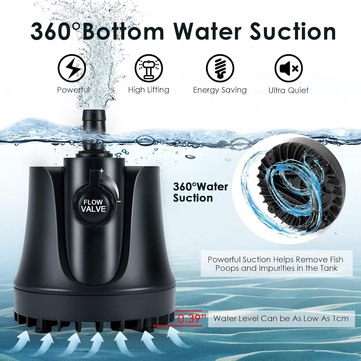 AQQA 265-800 GPH Submersible Aquarium Water Pump with Adjustable Switch, Removal and Drainage Sump Cleaning 2 Nozzles for Aquarium, Pond, Fish Tank, Hydroponics, Backyard (25W 400GPH)
