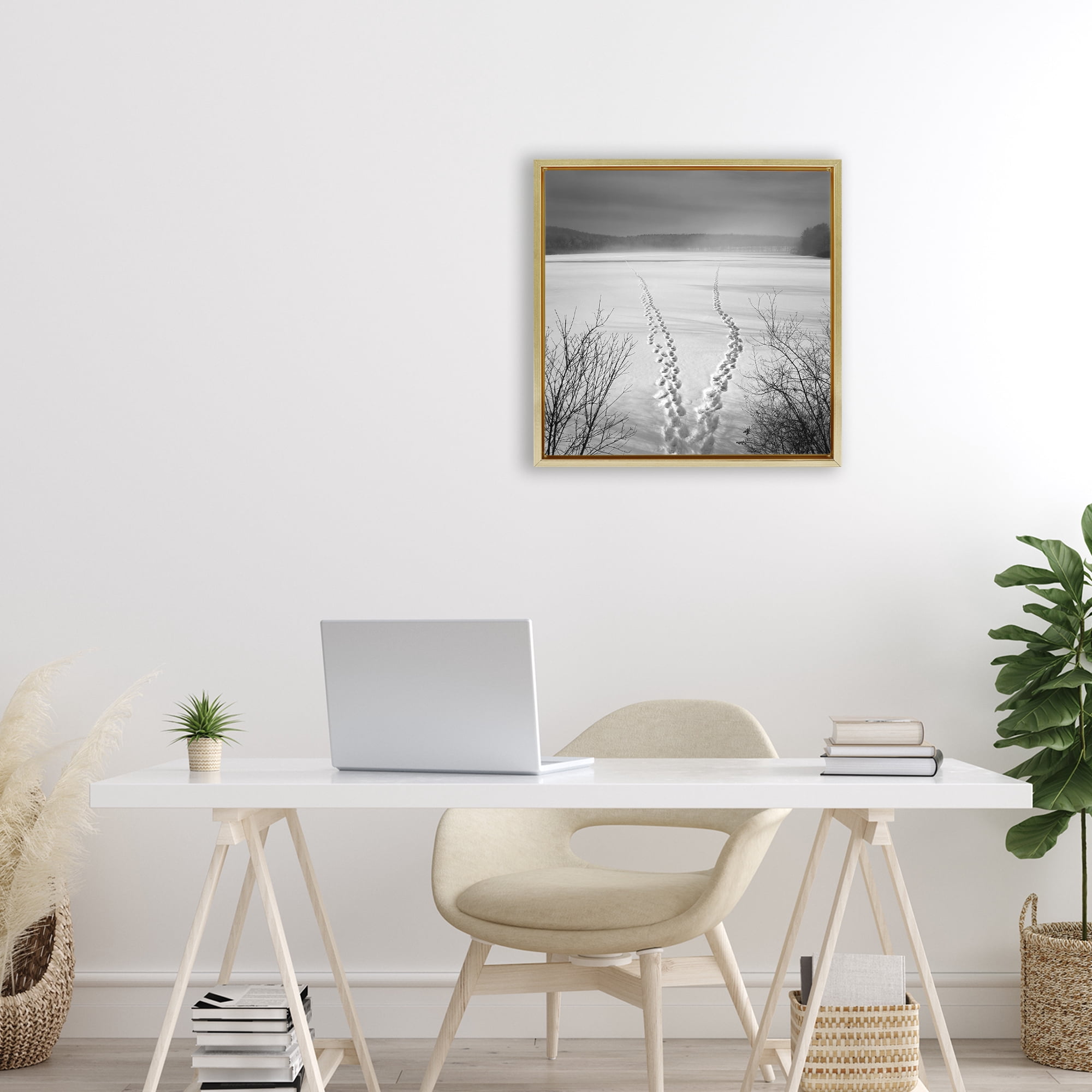 Stupell Industries Snowstep Tracks Across Frozen Lakes Gold Framed Floater Canvas Wall Art, design by Chip Forelli